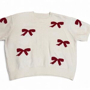 Bow-Accent Short Sleeve Crewneck Sweater - White with Red Bows